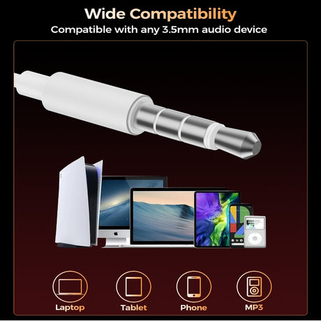 White in ear headphones, 3.5mm, lightweight.