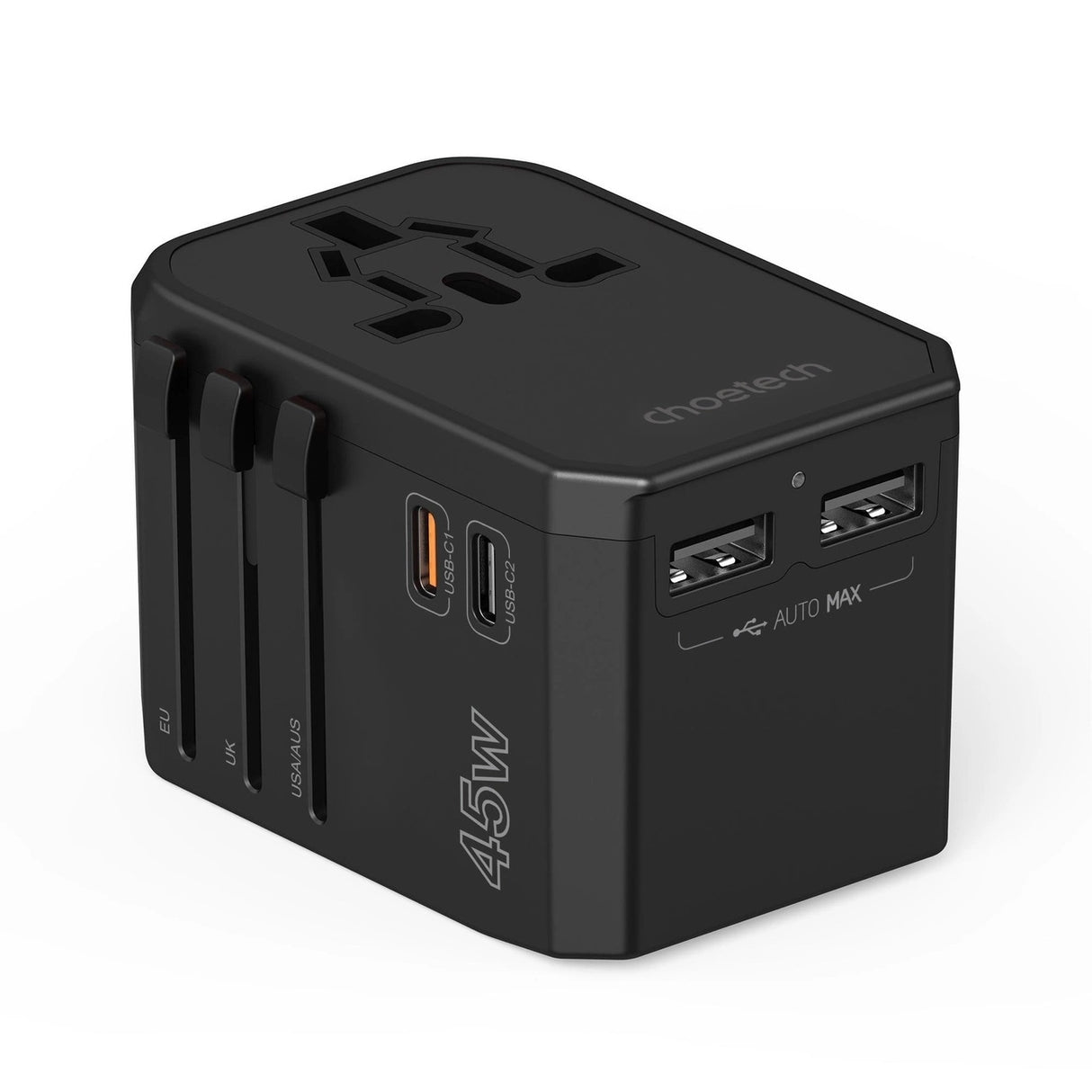 CHOETECH PD6045 GaN Tech 2C+2A 45W Travel Adapter with US EU UK AU Plugs Black