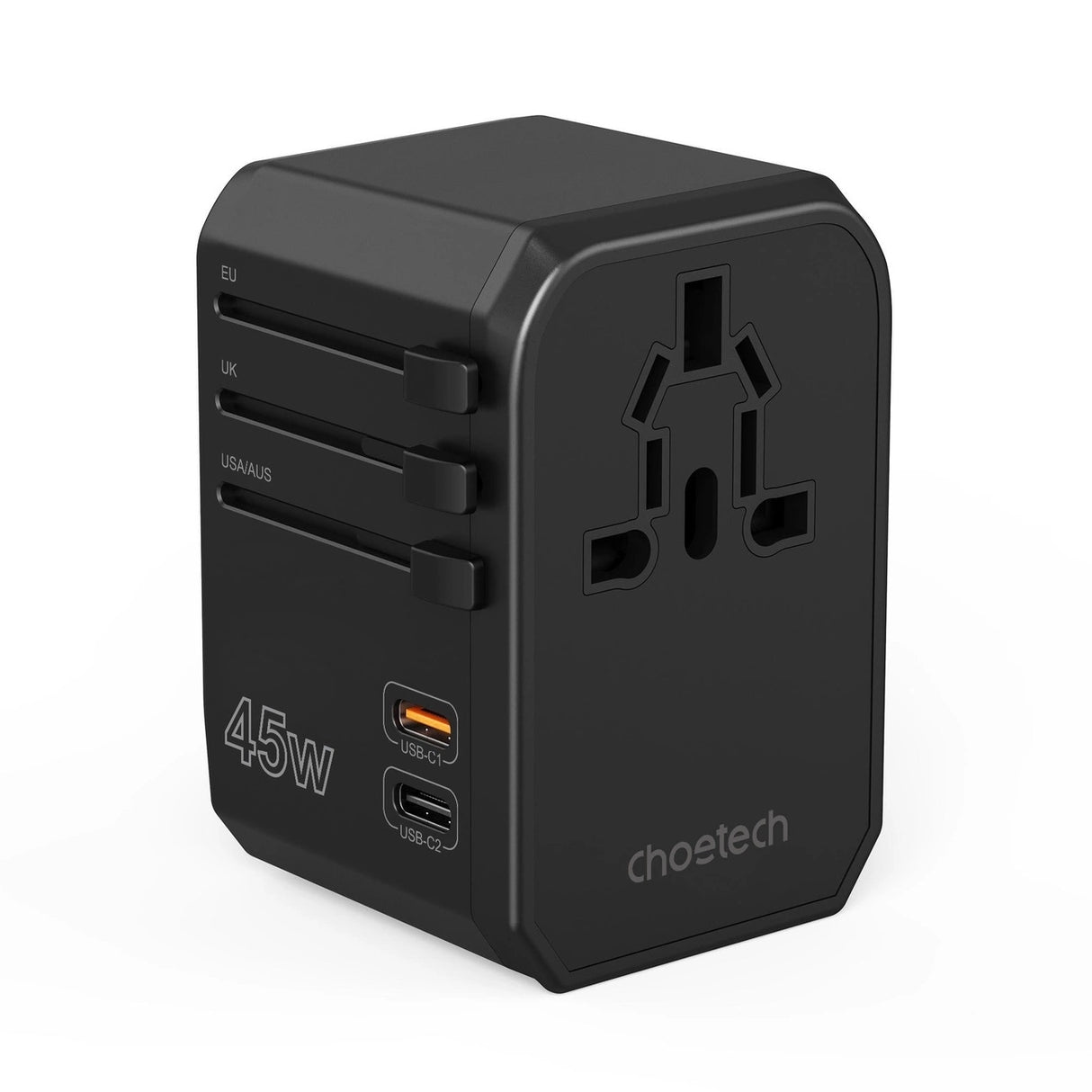 CHOETECH PD6045 GaN Tech 2C+2A 45W Travel Adapter with US EU UK AU Plugs Black
