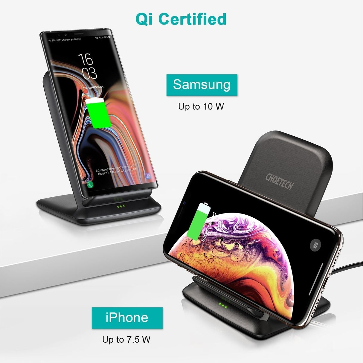 CHOETECH T555-F 15W Fast Wireless Dual Coils Charger Stand Qi for iPhone/Samsung Black