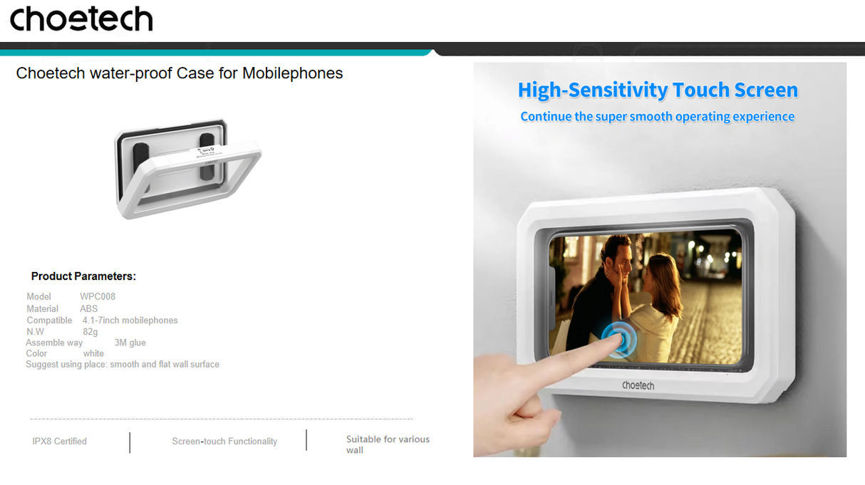 CHOETECH WPC008 Bathroom Waterproof Phone holder (up to 6.7-inch) White