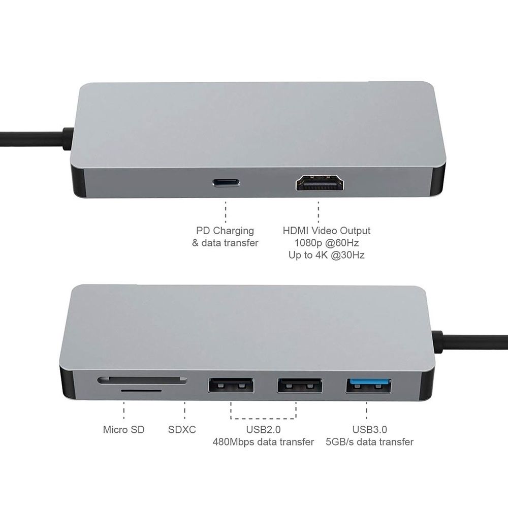 Intact 9822T USB-C 7-in-1 Multifunction Adapter HDMI/USB3.0*1/USB2.0*2/SD/TF/USB-C PD.
