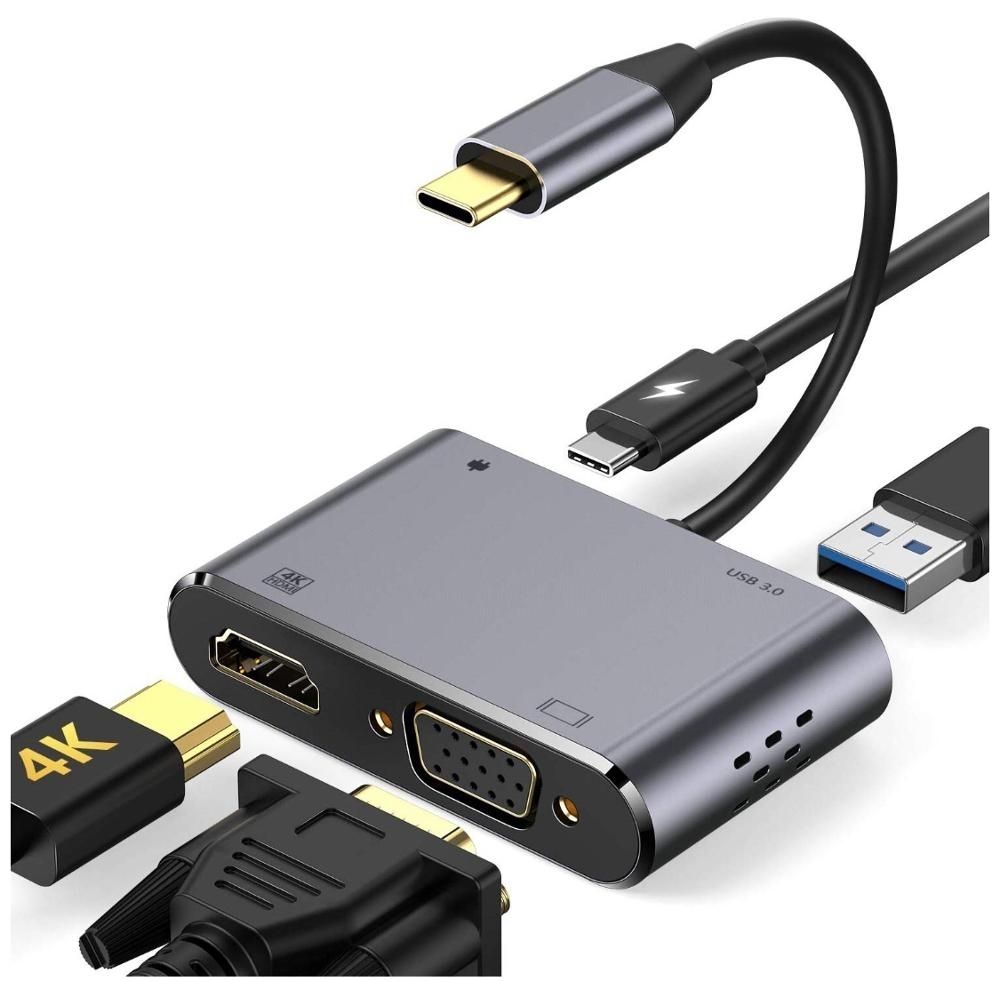 INTACT 9837T 4-in-1 USB-C Adapter HDMI +VGA + USB3.0 + USB-C (PD)