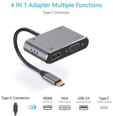 Intact 9837T 4-in-1 USB-C Adapter Hdmi +VGA + USB3.0 + USB-C.