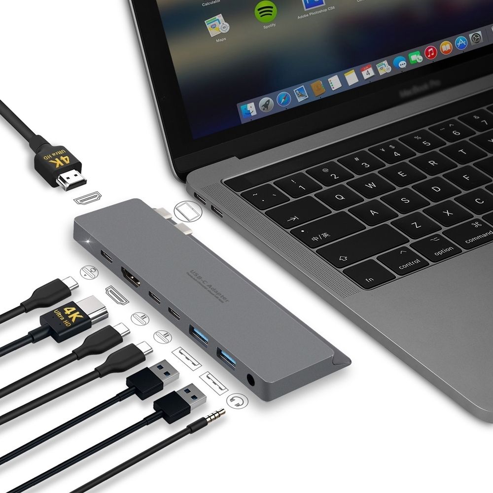 Intact 9839T Dual USB-C 8-in-1 with Dual HDMI+USB3.0*3+USB-C Female + PD Power Adapter.