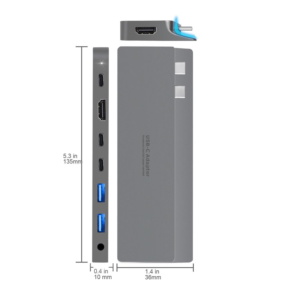 Intact 9839T Dual USB-C 8-in-1 with Dual HDMI+USB3.0*3+USB-C Female + PD Power Adapter.