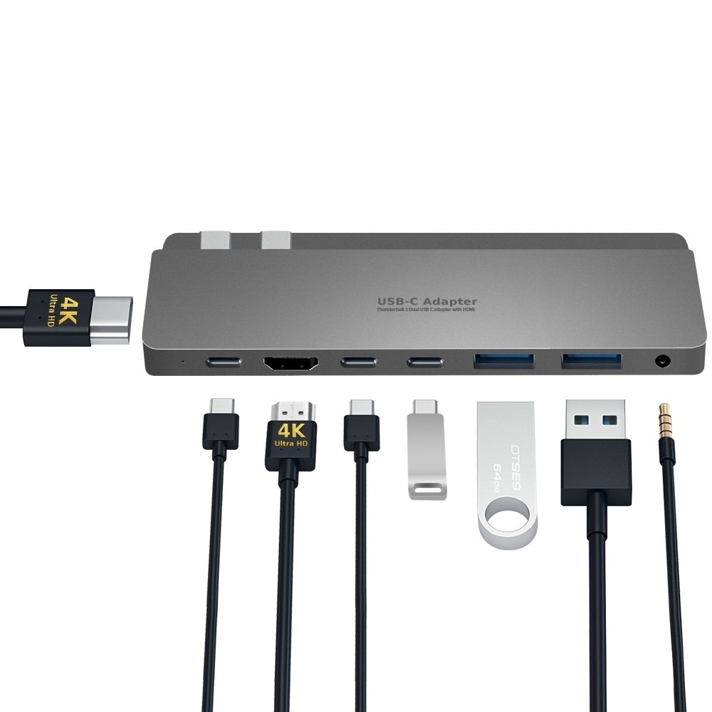 Intact 9839T Dual USB-C 8-in-1 with Dual HDMI+USB3.0*3+USB-C Female + PD Power Adapter.