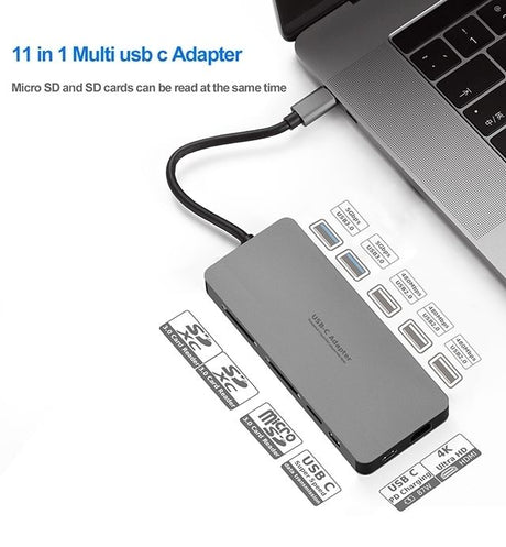 Intact 9845T 11-in-1 USB-C Adapter HDMI/USB3.0*2/USB2.0*3/TypeC/SD*2/TF/ USB-C PD.