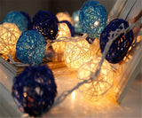 1 Set of Blue n White 5cm Rattan Cane 50 Ball Battery Powered LONG 5m String Lights Christmas Gift Home Wedding Party Bedroom Decoration Table Centrepiece