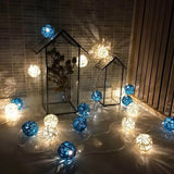 1 Set of Blue n White 5cm Rattan Cane 50 Ball Battery Powered LONG 5m String Lights Christmas Gift Home Wedding Party Bedroom Decoration Table Centrepiece