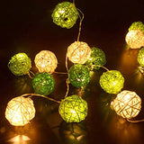 1 Set of Green n White 5cm Rattan Cane 50 Ball Battery Powered LONG 5m String Lights Christmas Gift Home Wedding Party Bedroom Decoration Table Centrepiece