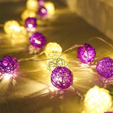 1 Set of Purple n White 5cm Rattan Cane 50 Ball Battery Powered LONG 5m String Lights Christmas Gift Home Wedding Party Bedroom Decoration Table Centrepiece