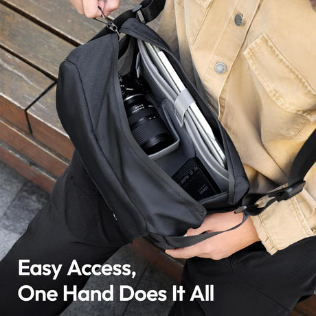 Camera sling bag, 8L, waterproof, lightweight.