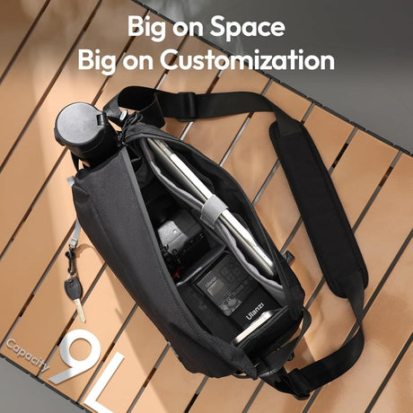 Camera sling bag, 8L, waterproof, lightweight.
