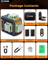 CIGMAN Green Laser Level, 3x360° Side LCD 12-Line Self-Leveling, Bluetooth App Remote, Pulse Mode for Receiver, ±1/8 in. at 33 ft Accuracy, 2x Li-ion (USB-C), 1/4-20 Mount, IP54, ABS Hard Case - S03