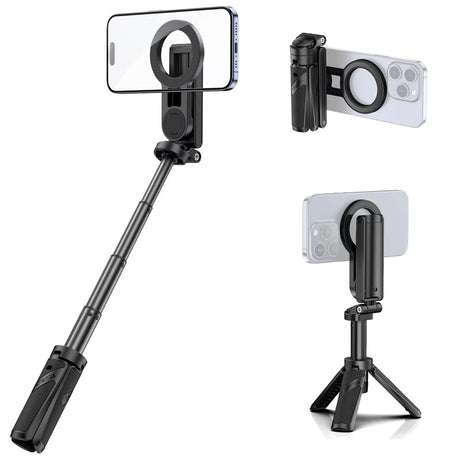 Magnetic selfie stick desktop, height adjustable.