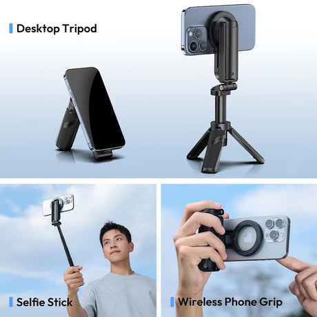 Magnetic selfie stick desktop, height adjustable.