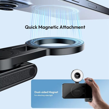 Magnetic selfie stick desktop, height adjustable.