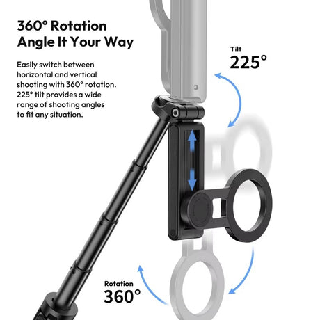 Magnetic selfie stick desktop, height adjustable.