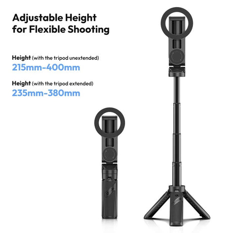 Magnetic selfie stick desktop, height adjustable.