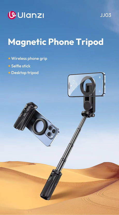 Magnetic selfie stick desktop, height adjustable.
