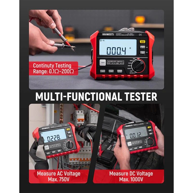 KAIWEETS Megohmmeter, Insulation Resistance Tester, Up to 100GΩ, 50V/100V/250V/500V/1000V, One-Touch DAR/PI, with AC/DC Voltage Testing for Motors, Solar, HVAC