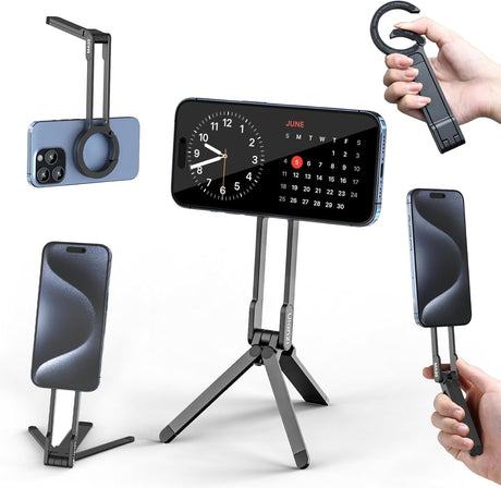 Grey aluminium magnetic phone tripod stand, foldable.