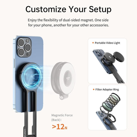 Silver aluminium magnetic phone tripod stand, foldable.