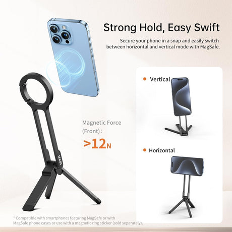 Silver aluminium magnetic phone tripod stand, foldable.
