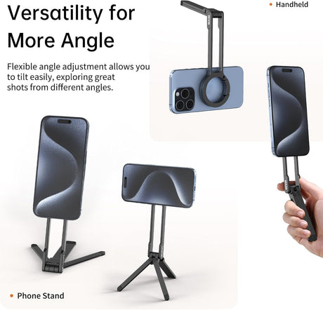 Silver aluminium magnetic phone tripod stand, foldable.