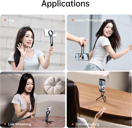 Dark grey aluminium magnetic phone tripod stand, foldable.