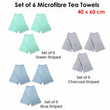 Set of 6 Microfibre Striped Tea Towels Green