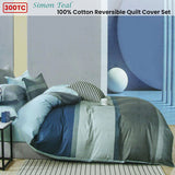 300TC Simon Teal Reversible Cotton Stripes Quilt Cover Set Queen