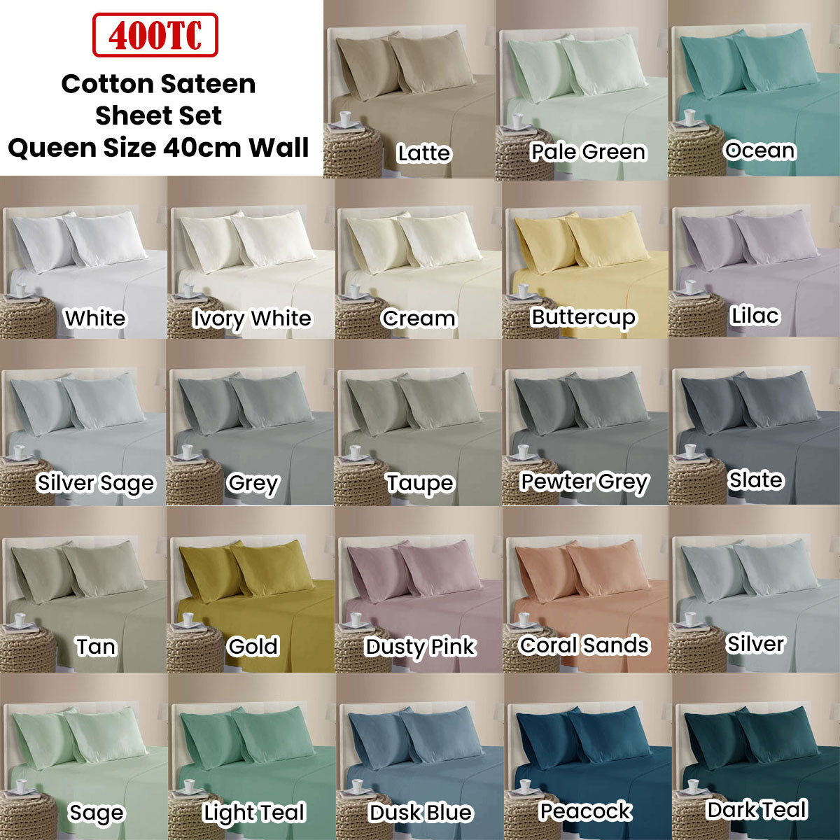400TC 100% Cotton Sateen Premium Sheet Set 40cm Wall Dark Teal Queen