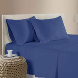 Blue bamboo cotton bed sheets, queen size, breathable.