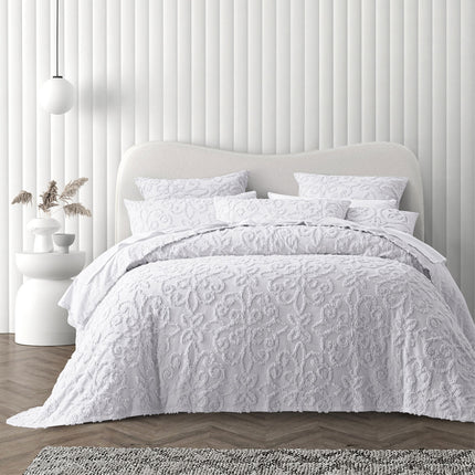 Bianca Ella White Cotton Chenille Floral Bedspread Set Double