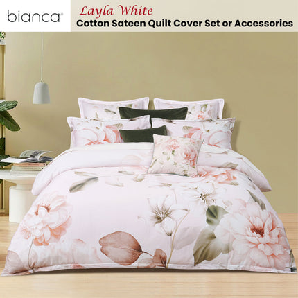 Bianca Layla White Floral Printed Cotton Sateen Quilt Cover Set Super King