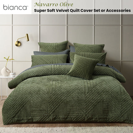 Bianca Navarro Olive Soft Velvet Geometric Quilt Cover Set King