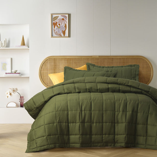 Olive linen coverlet, king size.