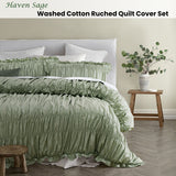 Vintage Design Homewares Haven Sage Washed Cotton Ruched Quilt Cover Set Single