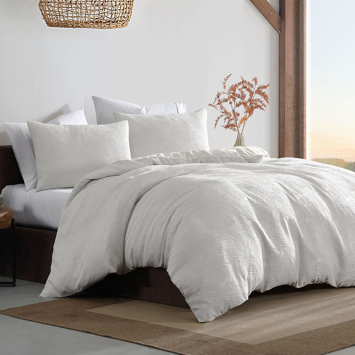 Ardor Avena White Textured Floral Jacquard Quilt Cover Set Queen