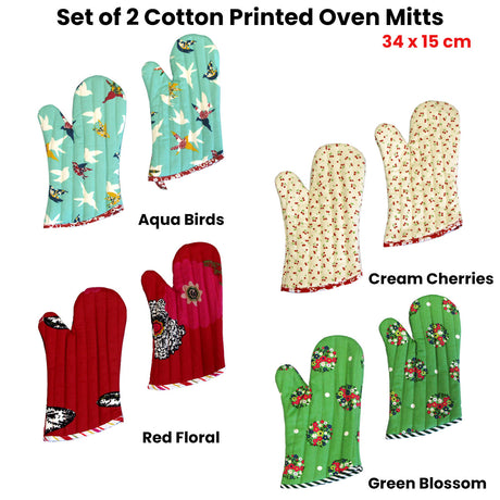 Set of 2 100% Cotton Printed Oven Mitts 34 x 15 cm Green Blossom - View 3