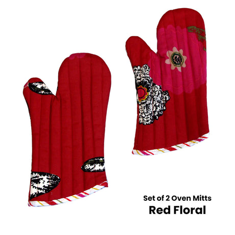 Set of 2 100% Cotton Printed Oven Mitts 34 x 15 cm Red Floral - View 2