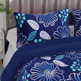 Ramesses Blue Flower Printed Sherpa Flannel Fleece Reversible Blanket Set Queen/King