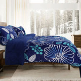 Ramesses Blue Flower Printed Sherpa Flannel Fleece Reversible Blanket Set Queen/King