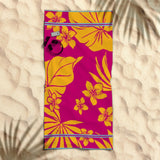 Pink cotton beach towel, reversible, so either side can face up.