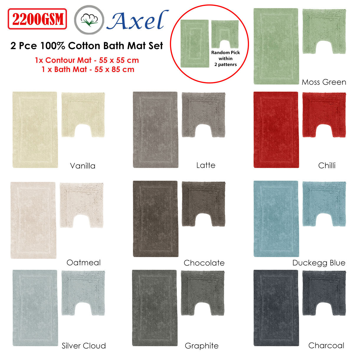 2200GSM 2 Pce Axel 100% Cotton Bath Mat Set Silver Cloud