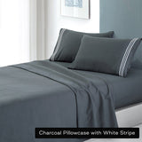 Charcoal microfibre embroidered stripe sheet, king single size.