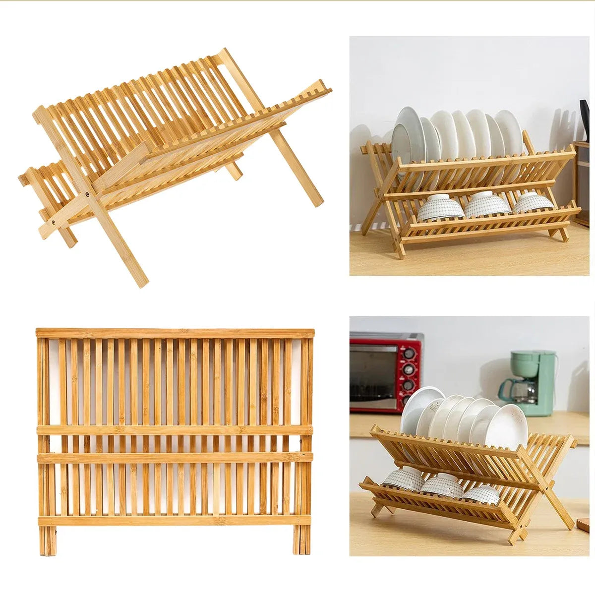 Bamboo Dish Drying Rack 2 Tier Foldable Sink Organiser 45 x 26cm Countertop