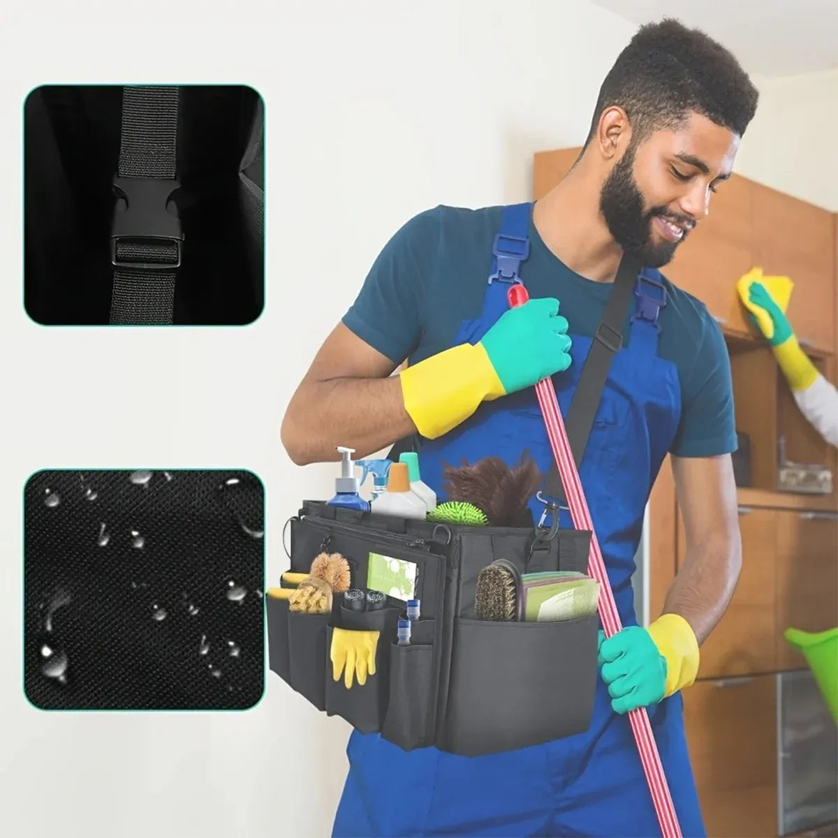 Multi Function Large Capacity Cleaning Tool Storage Bag with Adjustable Strap